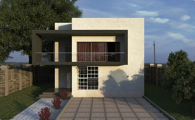 Moderne kubuswoning met geometrische architectuur, ruime balkon en minimalistische buitenafwerkingen in een privé woonomgeving.