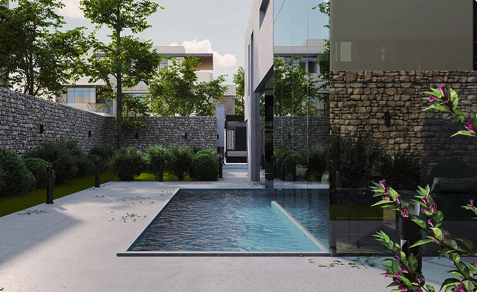 Elegante residentiële binnenplaats met een hedendaags zwembad, stenen muren, aangelegde groenvoorzieningen en moderne architectonische elementen.
