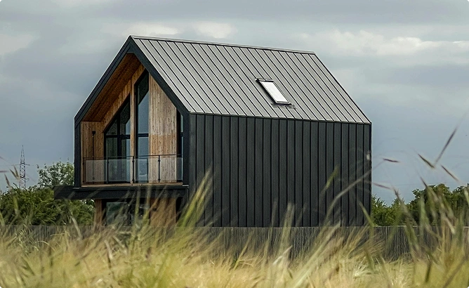 Moderne zwartgeklede cabin met een hellend dak, panoramische ramen en minimalistische architectuur in een natuurlijke omgeving.
