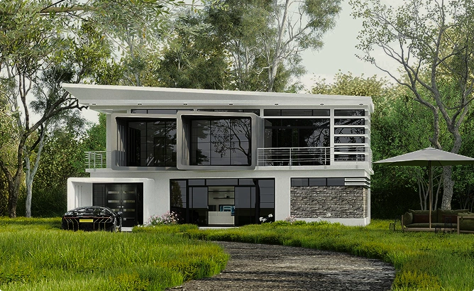 Contemporary twee verdiepingen tellende villa omgeven door de natuur, met grote glazen ramen, strakke architectonische lijnen en een modern woonontwerp.