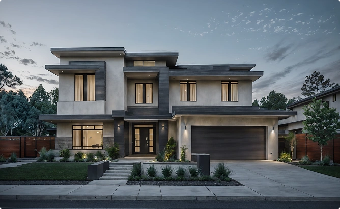 Contemporary luxe gezinswoning met een elegante architectonische vormgeving, ruime garage, aangelegde voortuin en moderne buitenafwerkingen.