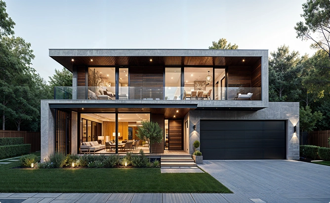 Contemporary twee verdiepingen tellende luxe woning met uitgestrekte glazen gevels, premium architectonisch ontwerp, aangelegde omgeving en elegante binnen-buiten leefruimtes.